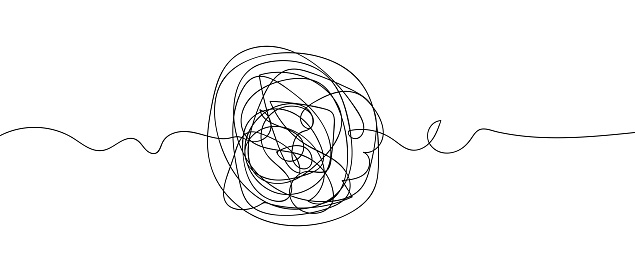 Handwriting doodles. Sketch. A ball of tangled doodles. Threadlike lines with a beginning and an end. Black and white vector illustration. A tangled tangle of squiggles. Hand drawn hatching. Outline on isolated background. Idea for web design.