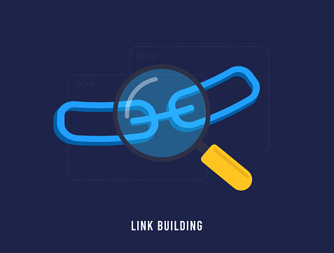 Link Building SEO concept. Backlink digital marketing strategy for increase website traffic and domain trust. Vector isolated illustration on black background with icons