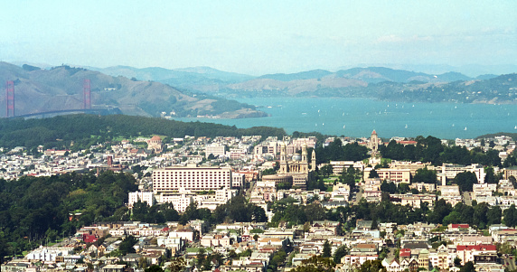High angle general view of    San Francisco  with Golden Gate Bridge on a sunny day in 1994.
