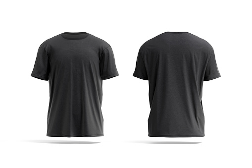 Blank black oversize t-shirt mockup, front and back view, 3d rendering. Empty cotton oversized tee-shirt mock up, isolated. Clear unisex casual wrinkled clothing for sportswear template.