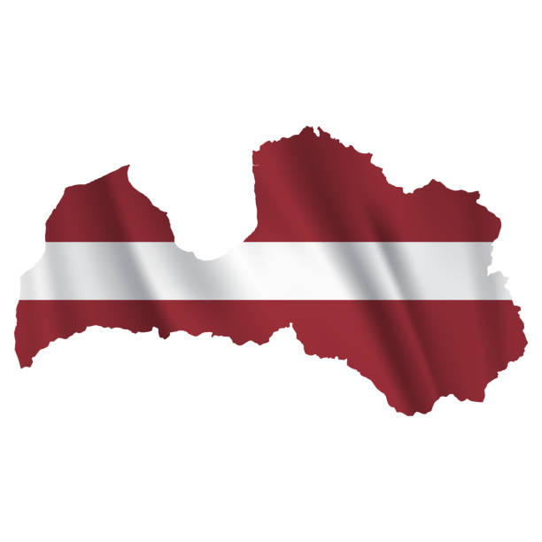 mapa łotwy z powiewającą flagą na białym tle - latvia flag stock illustrations