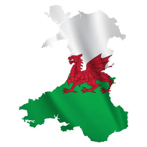 Vector illustration of Wales map with waving flag isolated on white background