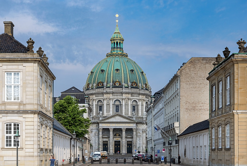 Front view of the world-famous Frederikskirche or Marble Church in Copenhagen that defines the skyline of the Danish capital