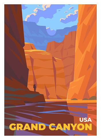 Vector premium travel poster. Mesmerizing views of the majestic Colorado River in Grand Canyon National Park. Grand Canyon, Arizona, USA.