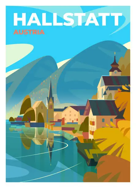 Vector illustration of Incredible views of Lake Hallstetter, the town of Hallstatt and the mountains on a beautiful autumn day. Austria.
