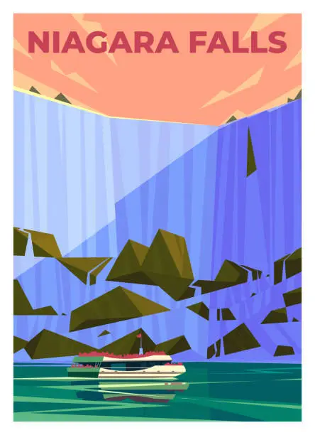 Vector illustration of A small ship with tourists sails past the majestic Niagara Falls. Niagara River, Canada, USA.