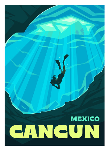 Vector premium travel poster. A girl snorkeling in one of the underwater caves. Scuba diving. Cenotes, Cancun, Mexico.