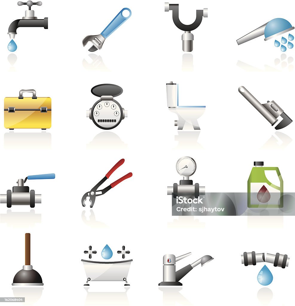 Realista iconos de objetos y herramientas de Plomería - arte vectorial de Agua libre de derechos