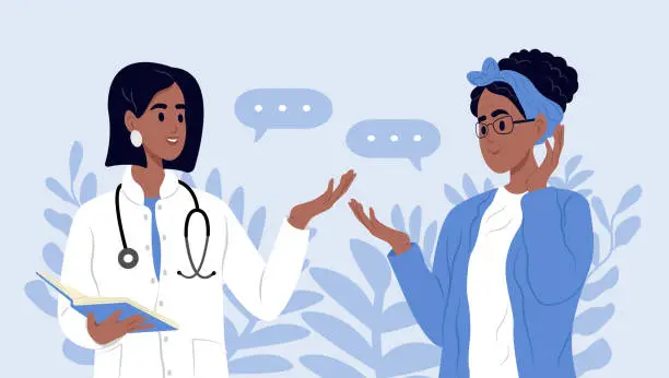 Vector illustration of A family doctor is talking to an elderly patient. Awareness of the elderly about, Alzheimers disease, Cardiovascular diseases, Cancer, Osteoporosis, Arthritis, Parkinsons disease, Diabetes.