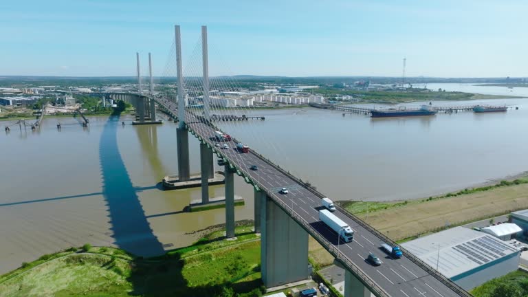 Aerial photo from a drone of The Queen Elizabeth Bridge II, spanning from Thurrock in Essex to Dartford in Kent