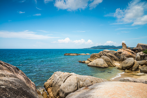 Beautiful tropical rock beach on Ko Samui island, Thailand. Travel summer beach holiday, nature concept.