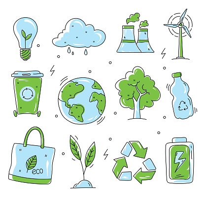 Set of ecology vector icons in doodle style. Eco friendly vector illustrations.
