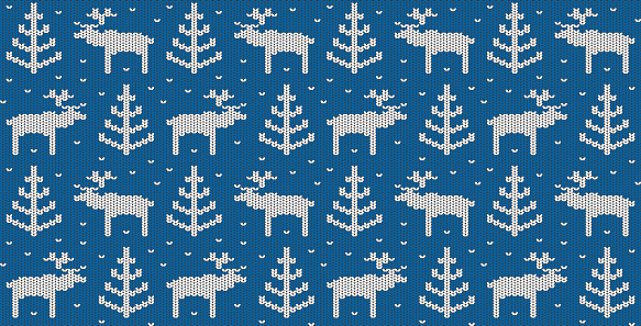 Hand-knitted seamless pattern. Blue winter sweater with Deers, Christmas Trees, and Snowflakes. Cozy editable ornament. Vector illustration