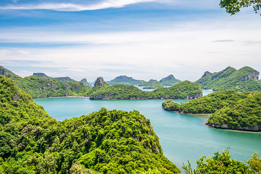 Beautiful tropical island Ang Thong national marine park blue sky background in sunny day, Thailand from viewpoint. Travel summer beach holiday, nature concept.
