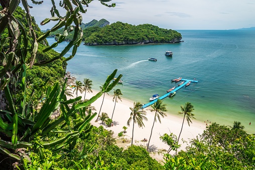 Beautiful tropical island white sand beach Ang Thong national marine park in sunny day, Thailand from viewpoint. Travel summer beach holiday, nature concept.