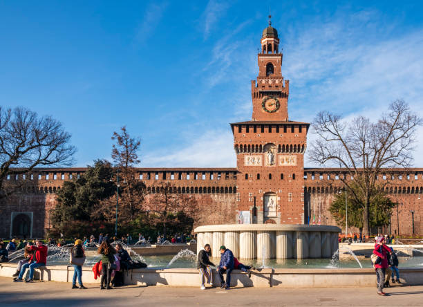central tower of sforza's castle, which is known as the torre del filarete - milan italy italy castello sforzesco color image imagens e fotografias de stock