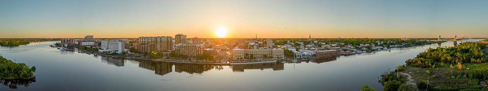 Wilmington, North Carolina, USA downtown cityscape panorama over the Cape Fear River.