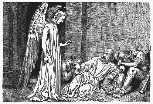 Liberation of Peter by an angel (Acts 12). Wood engraving, published in 1837.