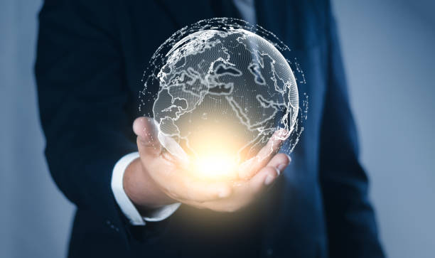 istock Businessman holding circle global network connection. Big data analytics and business intelligence concept. Digital link tech , business network communication and technology concept. 1620785507