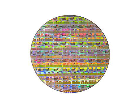 Silicon wafer with chips isolated on white background