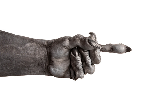 Taking. Black male hand grab some items on white isolated background, cutout, copy space