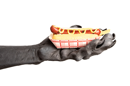 A monster hand holding a hot dog and fries isolated on a white background.