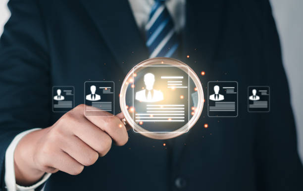 istock Human Resource Management Network Structure (HRM), Magnifier glass focus staff icons for human development recruitment, Customer Relationship Management, hiring, training, performance. 1620807724