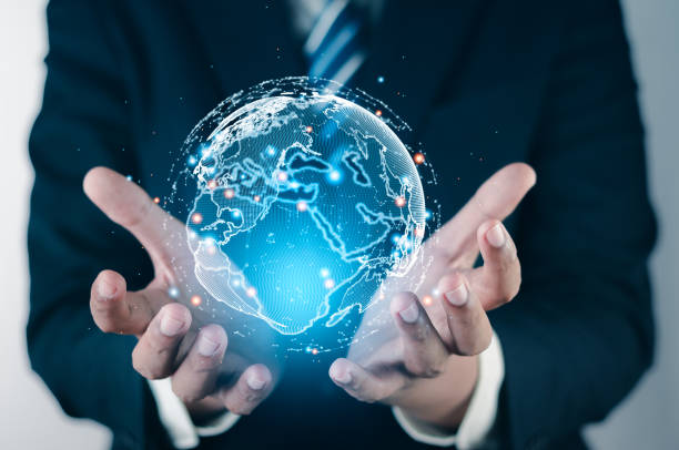 istock Businessman holding circle global network connection. Big data analytics and business intelligence concept. Digital link tech , business network communication and technology concept. 1620807727