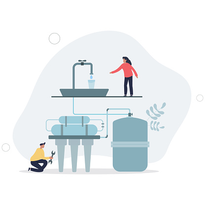 Water purification.people repair water treatment facility, test quality.flat vector illustration