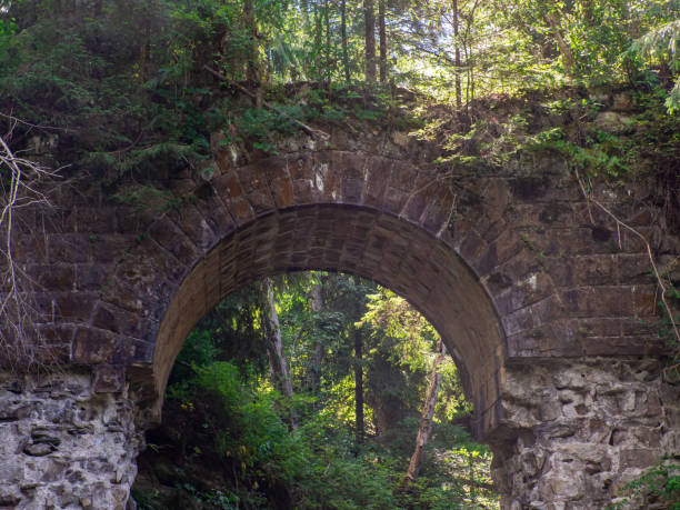 istock Old stone arched destroyed bridge over small river in a mountain forest 1620839078
