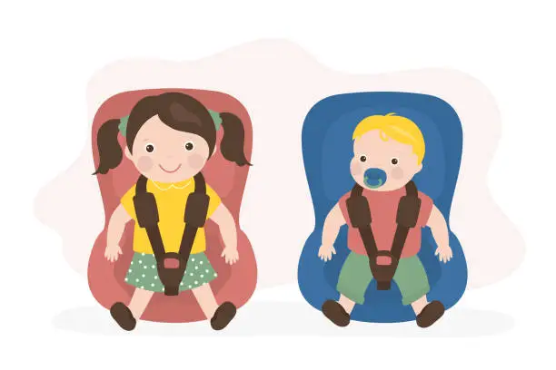 Vector illustration of Cute little kids sitting in car seats, safety car transportation of small children. Baby on board. Child safe and comfortable drive in car. Family travel. Calm babies on backseat.
