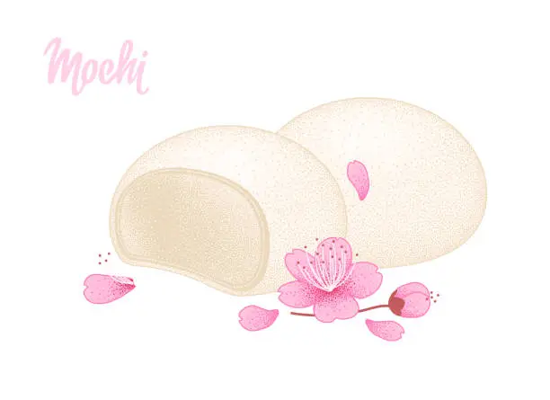 Vector illustration of Mochi ice cream on white background with sakura flower and petals. Japanese traditional sweet soft dessert. Ball of rice flour with bean paste. Vector illustration, healthy sweet snack.