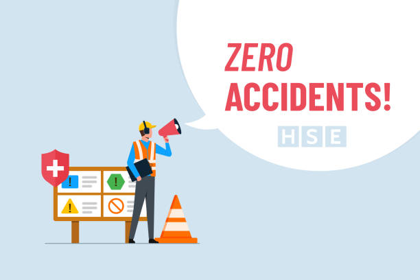 Health, safety and environment concept. Important strategy for preventing accidents at work. Zero accidents slogan with bubble shouting symbol Health, safety and environment concept. Important strategy for preventing accidents at work. Zero accidents slogan with bubble shouting symbol construction safety slogans stock illustrations