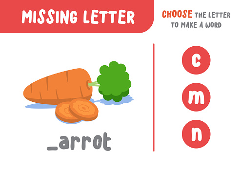 Missing letter (carrot), the alphabet letter vocabulary game for kid. choose a letter to make the word. illustration cartoon vector design on white background. kid and study game concept.