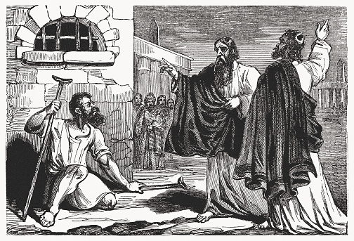 Paul and Barnabas heal a lame man in Lystra (Acts 14). Wood engraving, published in 1837.
