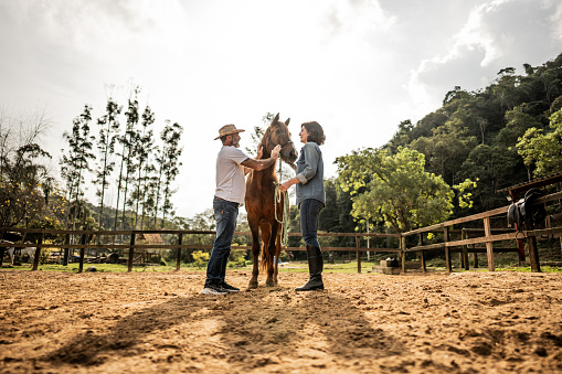 Father and daughter petting their horse on a ranch