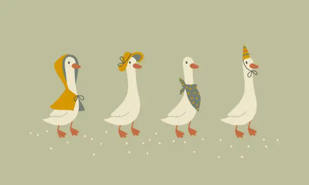 Vector illustration of Geese collection. Cute cartoon set characters in funny clothes, hat, raincoat in simple hand drawn style. The limited vintage palette is perfect for baby prints. Goose vector.