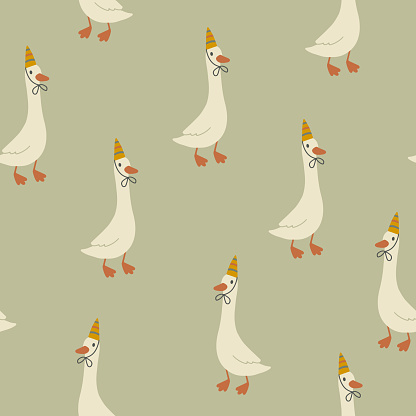 Geese seamless pattern. Funny cute cartoon characters in birthday caps in simple hand drawn style. The limited vintage palette is perfect for baby prints. Goose vector on a green background