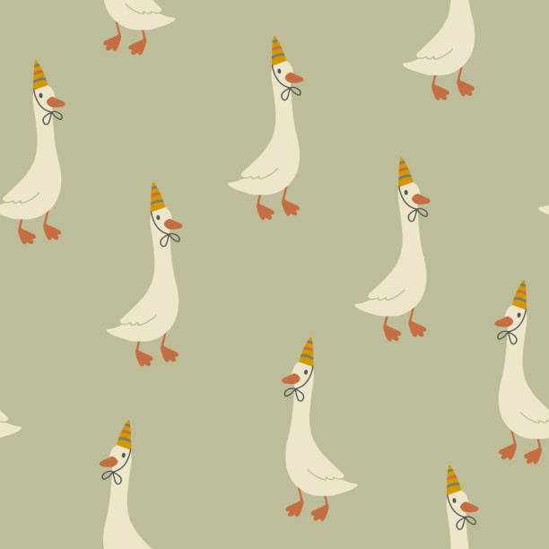 Geese seamless pattern. Funny cute cartoon characters in birthday caps in simple hand drawn style. The limited vintage palette is perfect for baby prints. Goose vector on a green background. Geese seamless pattern. Funny cute cartoon characters in birthday caps in simple hand drawn style. The limited vintage palette is perfect for baby prints. Goose vector on a green background drawing of a goose grass stock illustrations