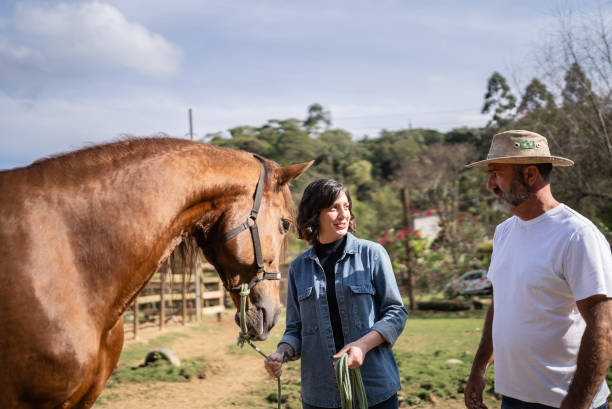 istock Daughter holding a horse and talking with her father on a stable 1620883825