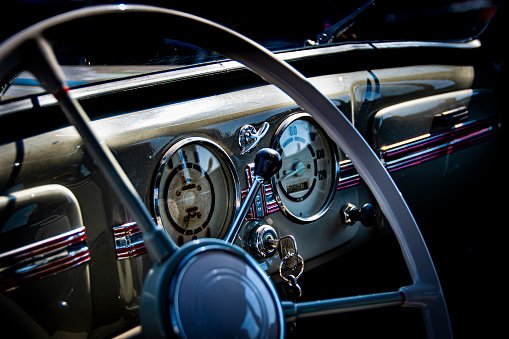 oldtimer, car, dashboard, steering wheel, ignition key,
