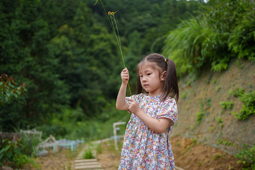 little girl holding wildflowers