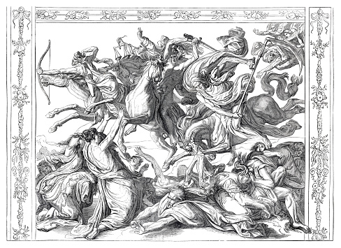 The Four Horsemen of the Apocalypse riding to bring Death, Famine, War, and Conquest unto man.

The Four Horsemen of the Apocalypse are figures in the Book of Revelation in the New Testament of the Bible, a piece of apocalypse literature written by John of Patmos. They are not specifically identified there but subsequent commentary often identifies them as personifications of Death, Famine, War, and Conquest.
Christianity sometimes interprets the Four Horsemen as a vision of harbingers of the Last Judgment, setting a divine end-time upon the world.
Original edition from my own archives
Source : Correo de Ultramar 1855
after P. de Cornelius