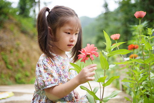 children admiring small flowers