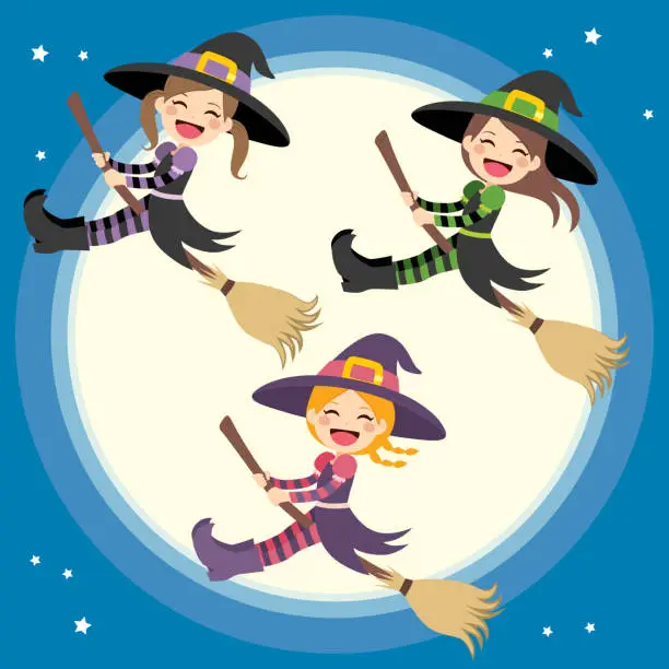 Vector illustration of Cute Witches Group Flying