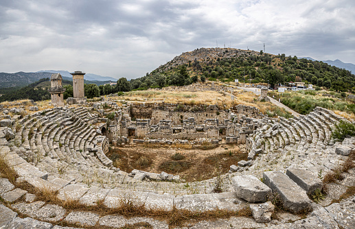 Ruins of antique Roman theater in ancient Lycian city of Xanthos, Antalya Province, Turkey.