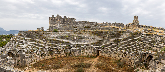 Ruins of antique Roman theatre in ancient Lycian city of Xanthos, Antalya Province, Turkey.