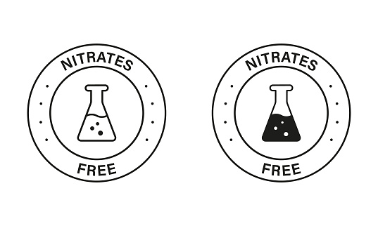 Free Nitrites in Food Ingredient Symbol Collection. Nitrates Free Black Stamp Set. No Nitrate Label. Nutrition Certified Control Not Nitrate Sign. Guarantee Non Nitrite. Isolated Vector Illustration.