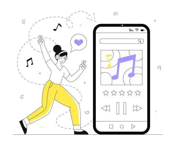 Vector illustration of Woman with music online platform vector line