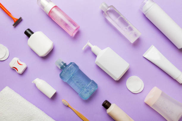 istock Mockup for bathing products top view flat lay, spa razor, toothpaste, soap, gel and other various accessories. Cosmetics for skin health. Bath Mockup for your logo 1620894024